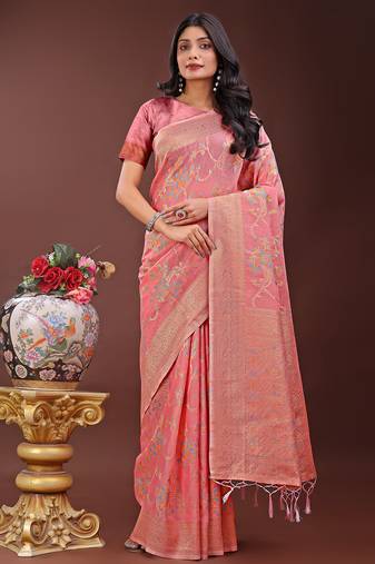 peach color woven linen cotton saree