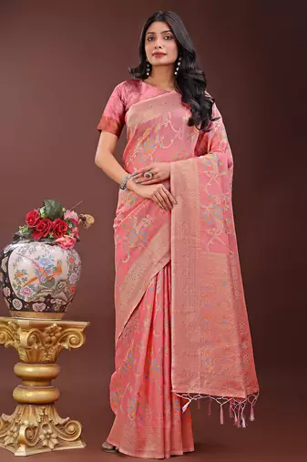 peach color woven linen cotton saree