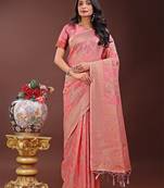 peach color woven linen cotton saree