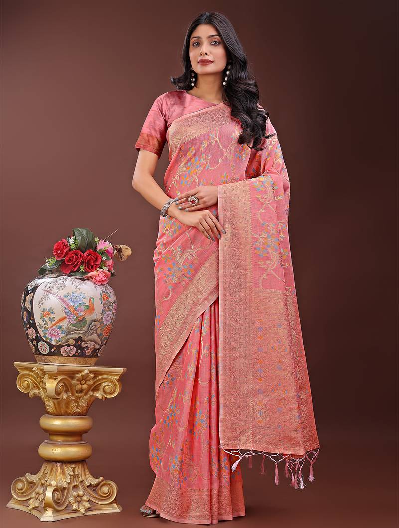 peach color woven linen cotton saree