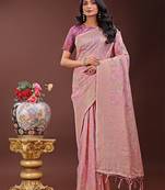 light pink color woven linen cotton saree