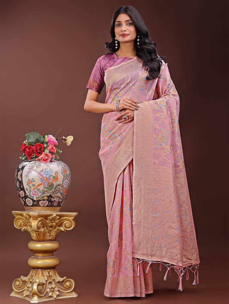 light pink color woven linen cotton saree