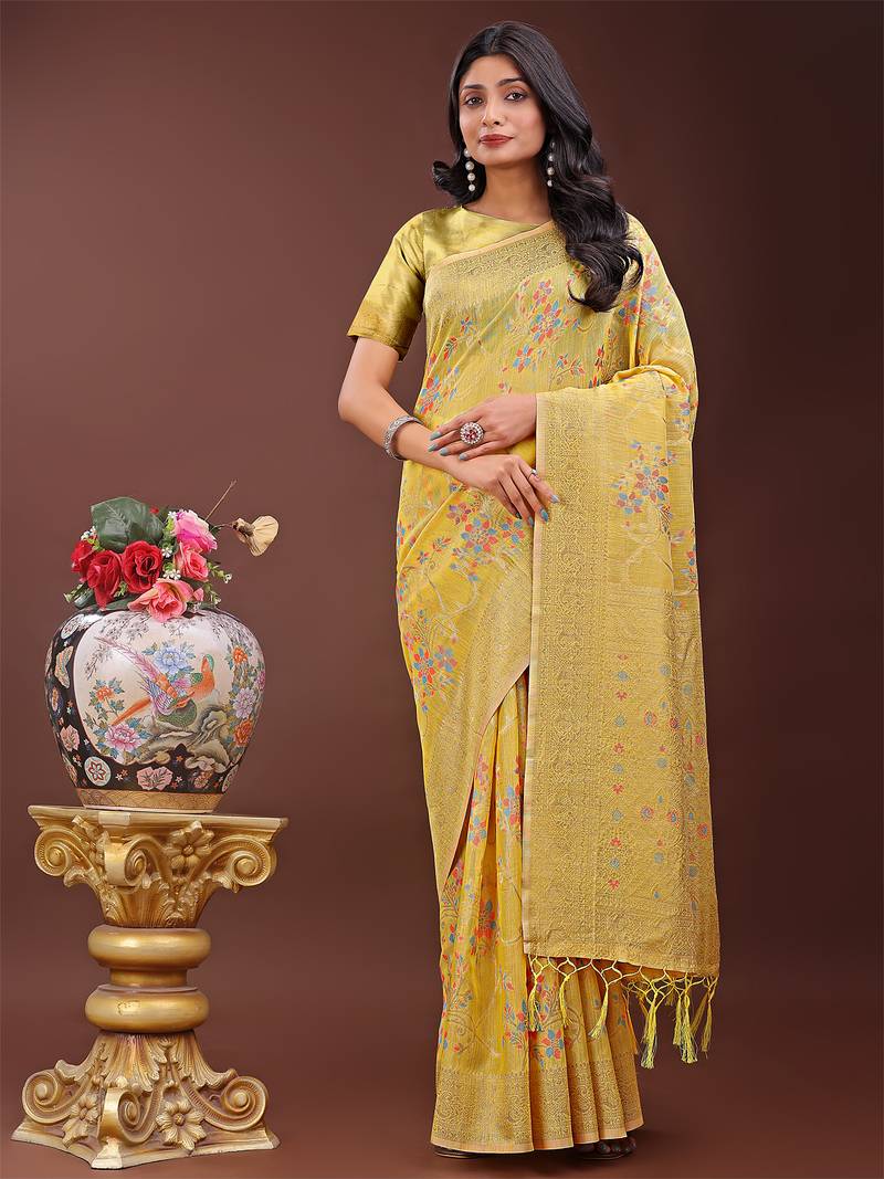 yellow color woven linen cotton saree