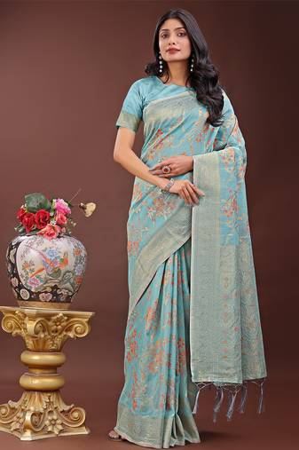 light blue color woven linen cotton saree