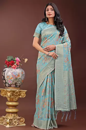 light blue color woven linen cotton saree