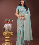 light blue color woven linen cotton saree