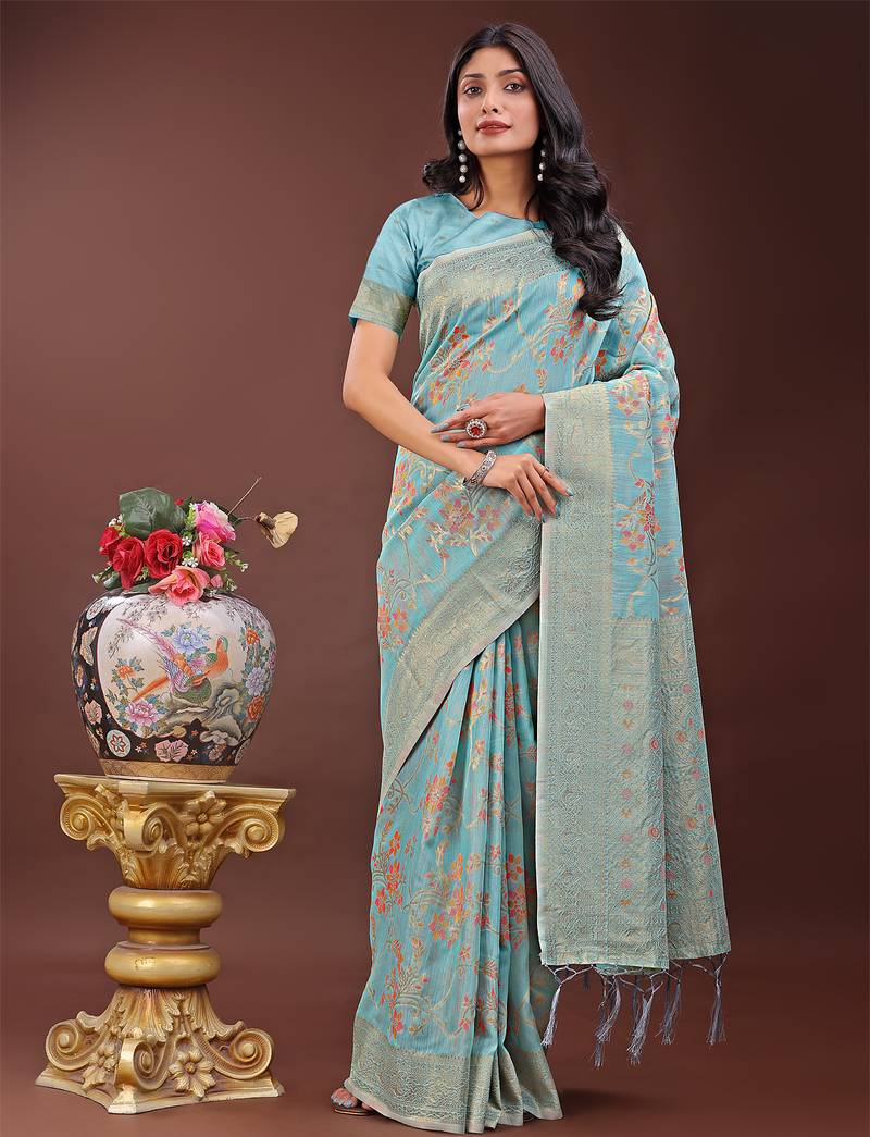 light blue color woven linen cotton saree