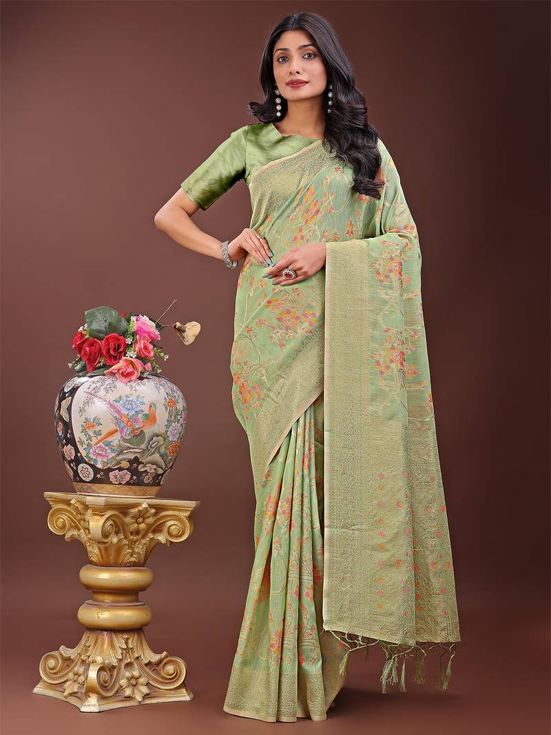light green color woven linen cotton saree