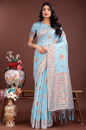 sky blue color woven linen cotton saree