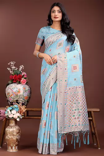 sky blue color woven linen cotton saree