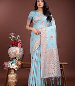 sky blue color woven linen cotton saree