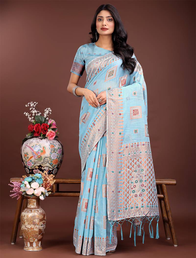 sky blue color woven linen cotton saree