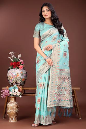 sea green color woven linen cotton saree