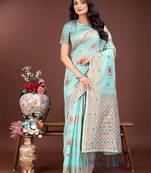 sea green color woven linen cotton saree