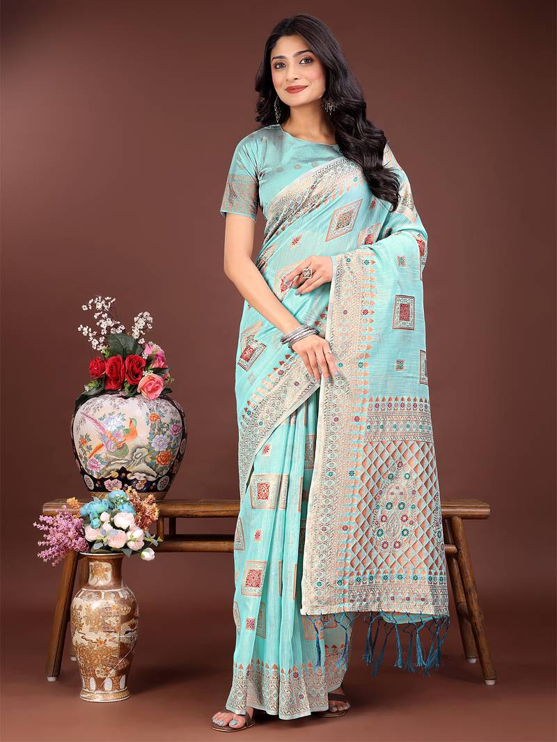 sea green color woven linen cotton saree