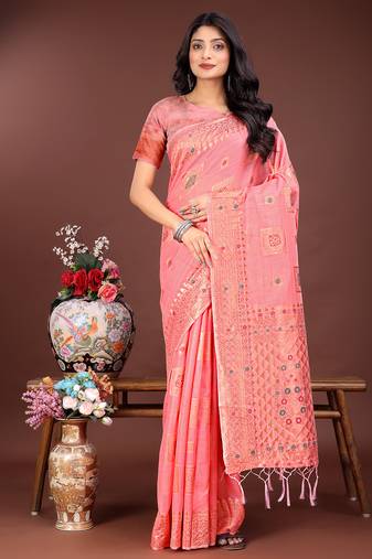 peach color woven linen cotton saree