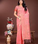 peach color woven linen cotton saree