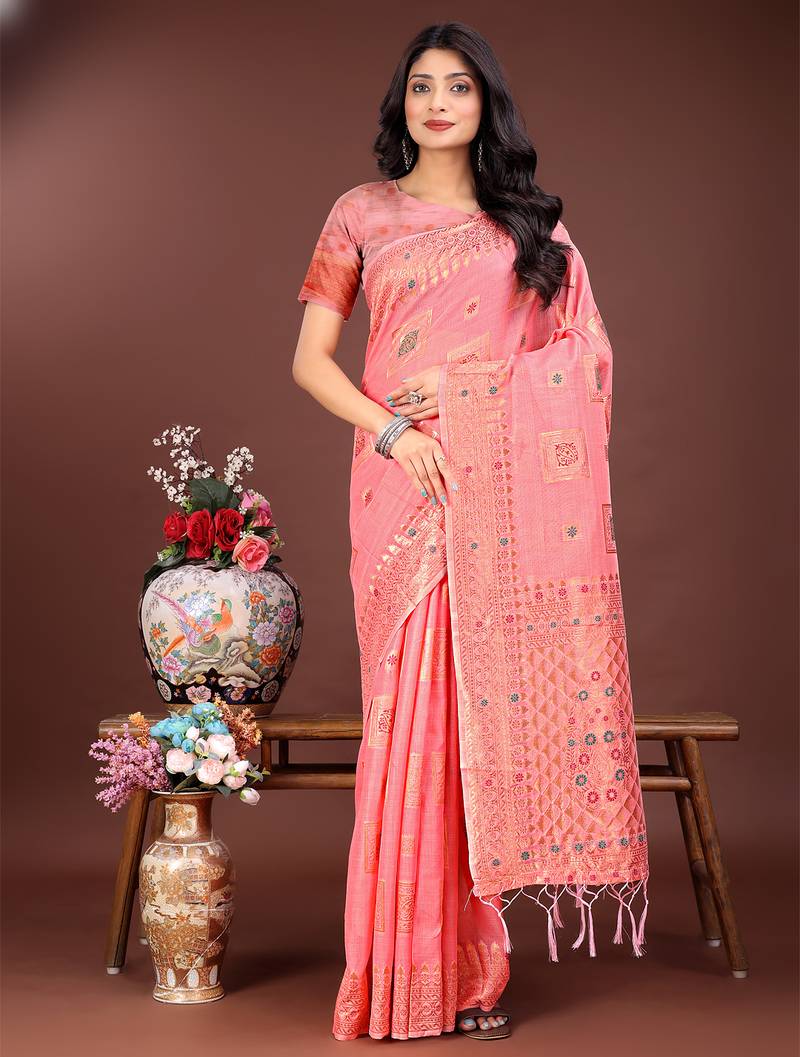 peach color woven linen cotton saree