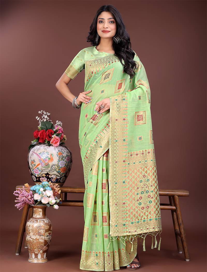 light green color woven linen cotton saree