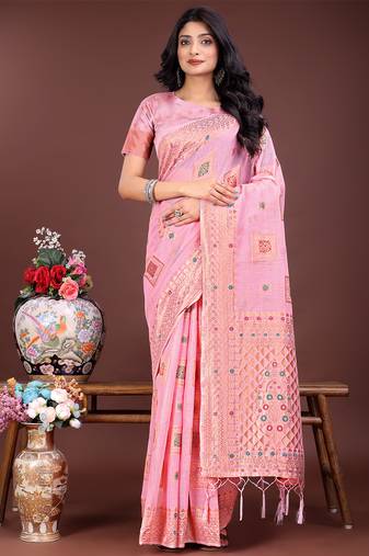 light pink color woven linen cotton saree