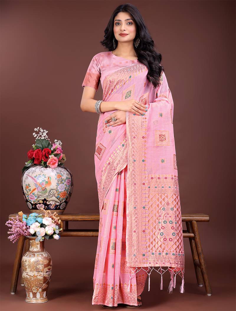 light pink color woven linen cotton saree