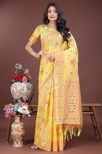 yellow color woven linen cotton saree