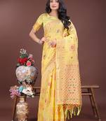 yellow color woven linen cotton saree