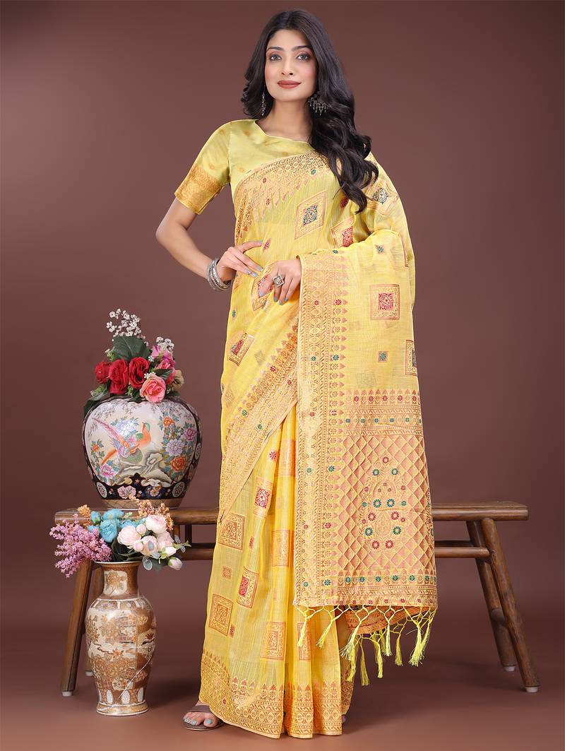 yellow color woven linen cotton saree