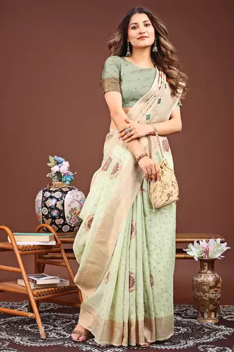 Green color woven linen cotton saree