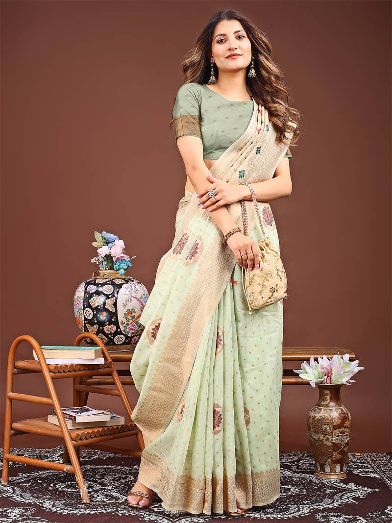 Green color woven linen cotton saree