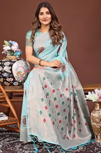 sea green color woven linen cotton saree
