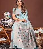 sea green color woven linen cotton saree