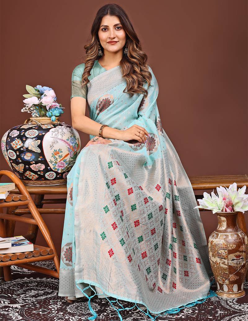 sea green color woven linen cotton saree