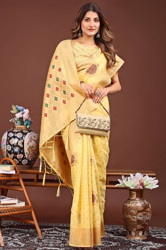 yellow color woven linen cotton saree