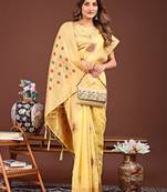 yellow color woven linen cotton saree