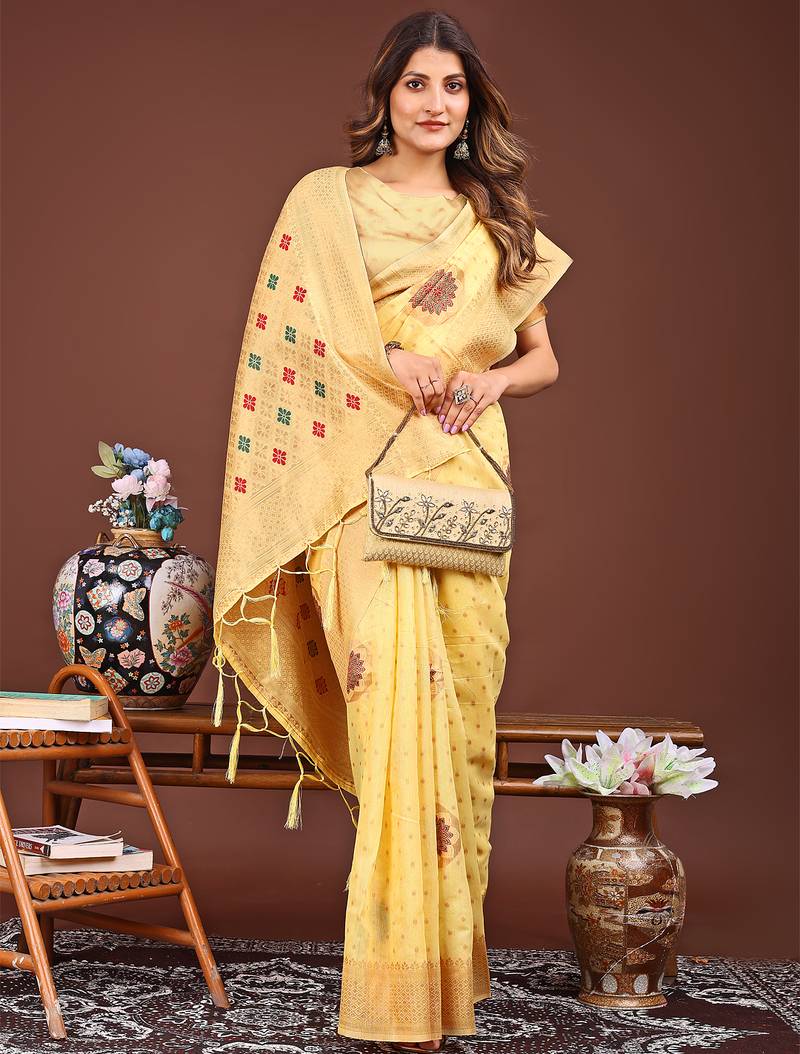 yellow color woven linen cotton saree