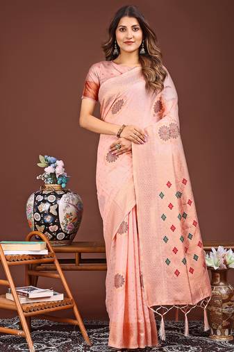 peach color woven linen cotton saree