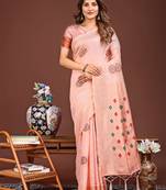 peach color woven linen cotton saree