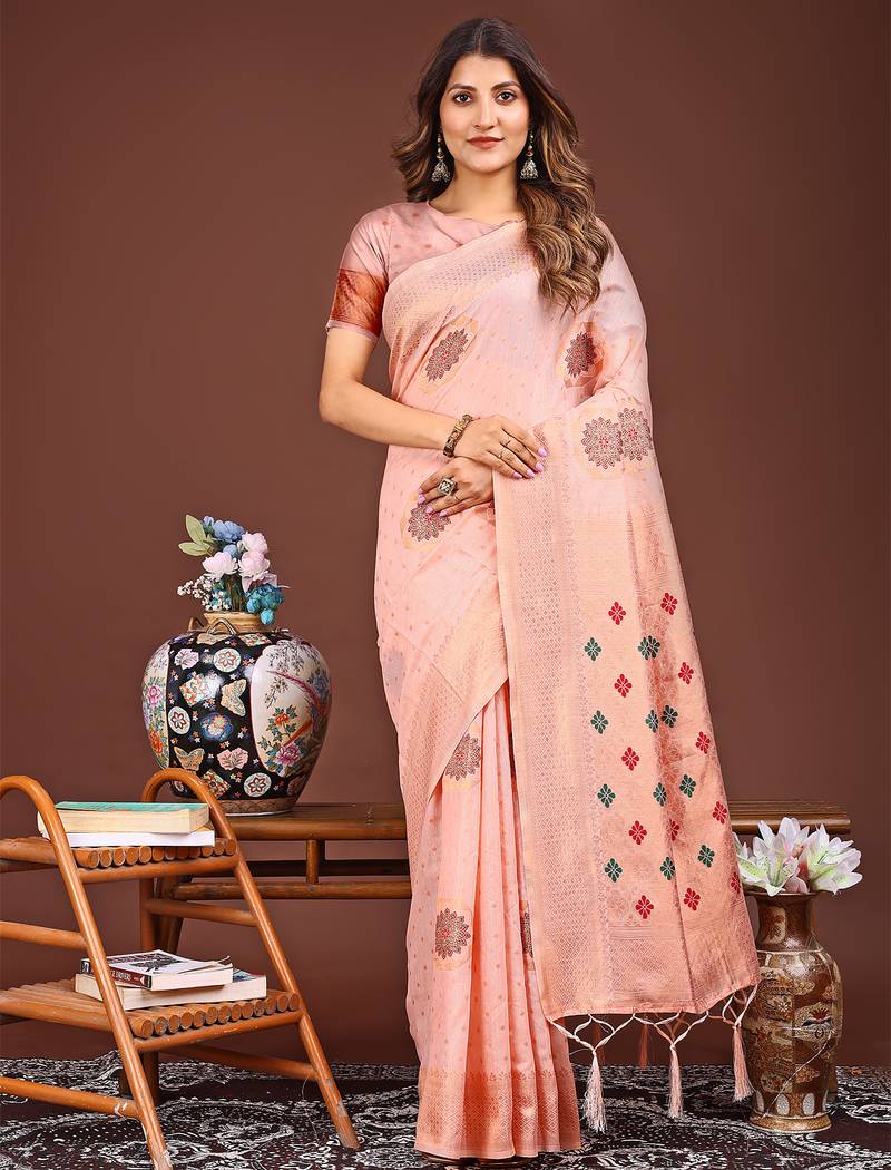 peach color woven linen cotton saree