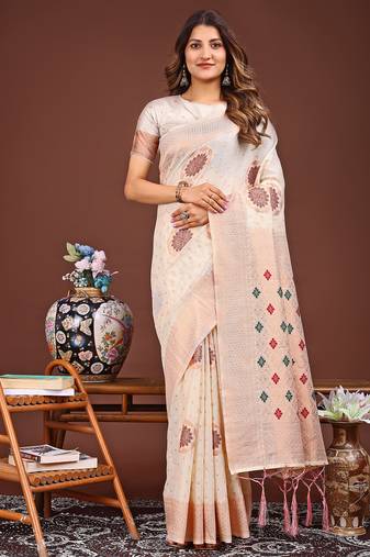 white color woven linen cotton saree
