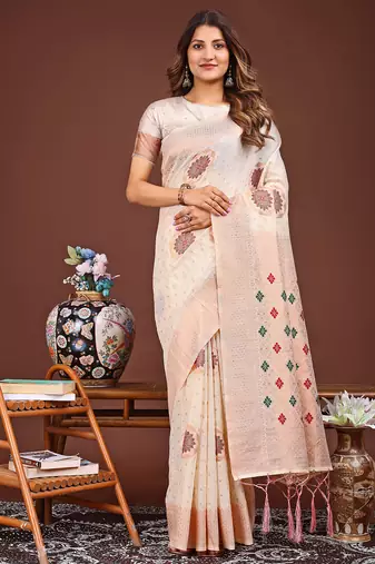 white color woven linen cotton saree