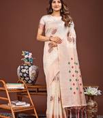 white color woven linen cotton saree
