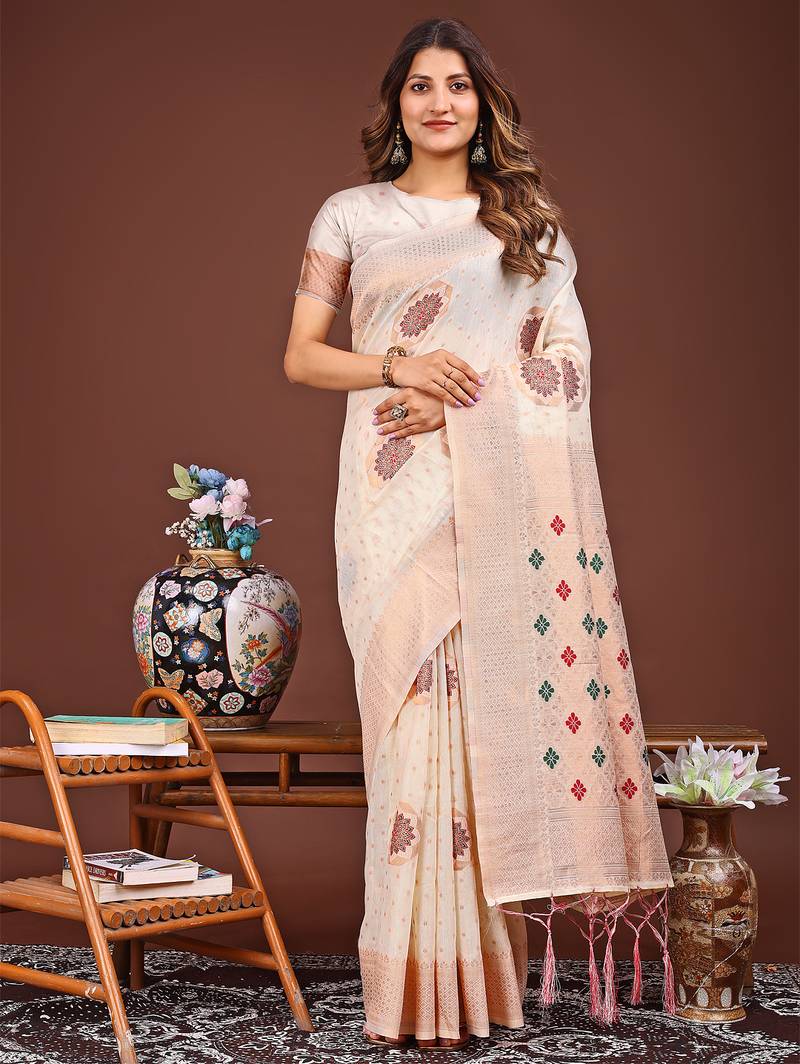 white color woven linen cotton saree