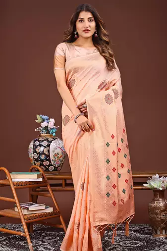 orange color woven linen cotton saree