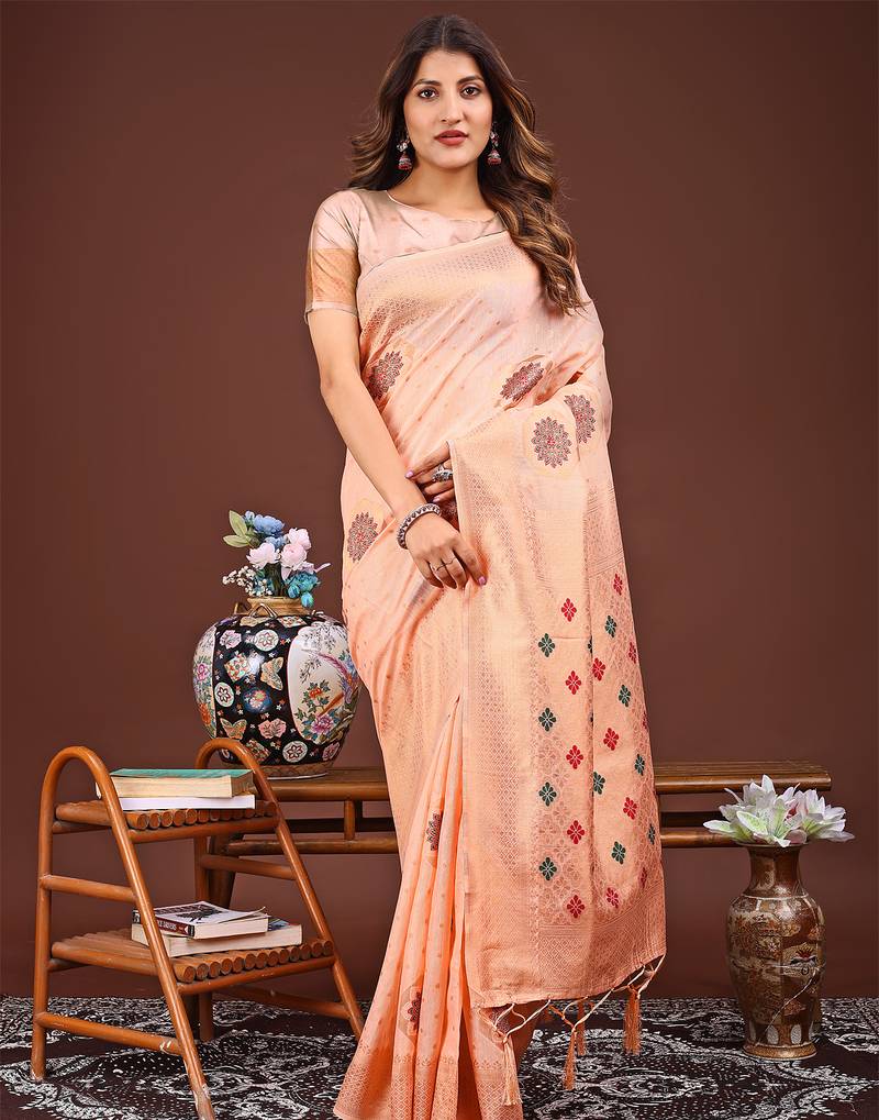 orange color woven linen cotton saree