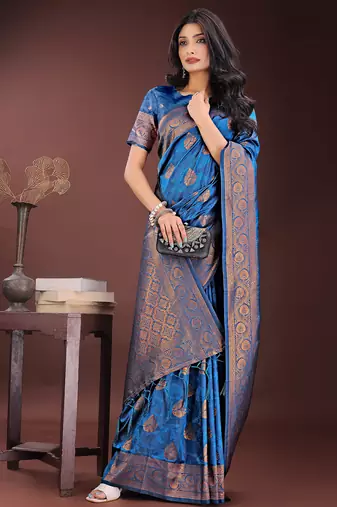 blue color woven art silk saree with blouse