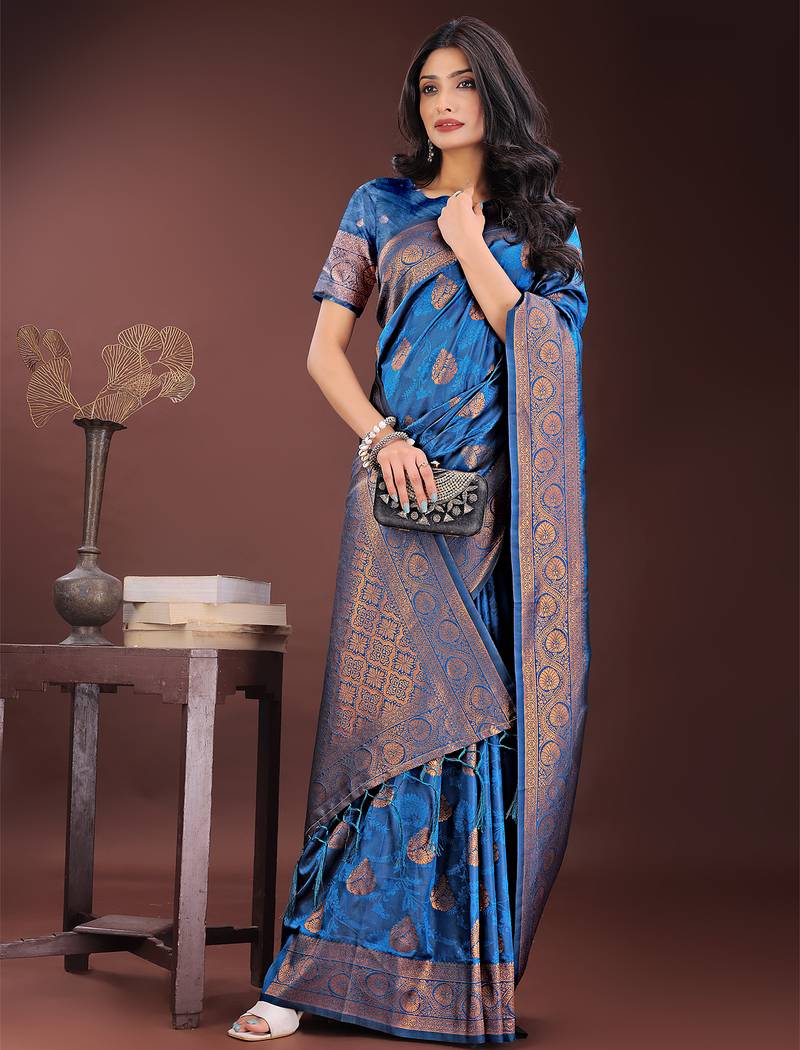 blue color woven art silk saree with blouse