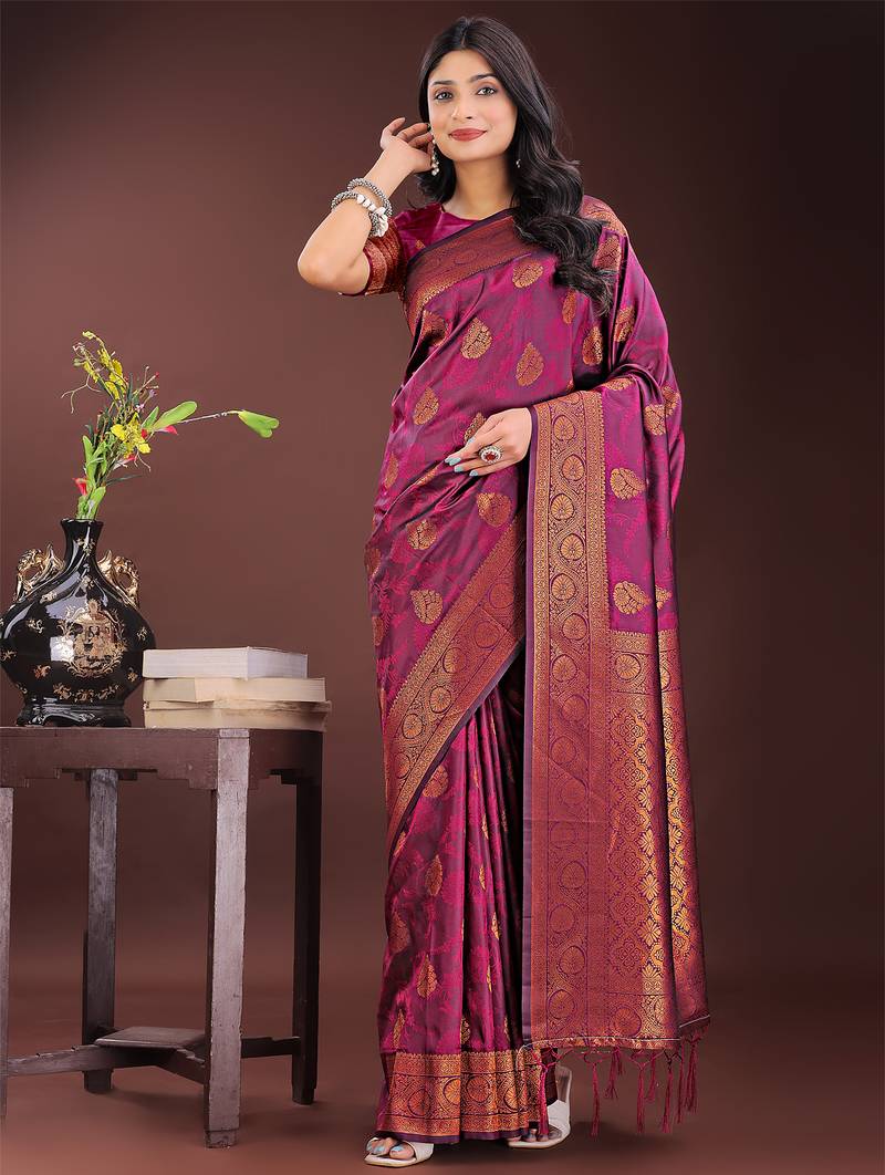 purple color woven art silk saree with blouse