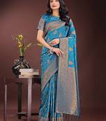 teal color woven art silk saree with blouse