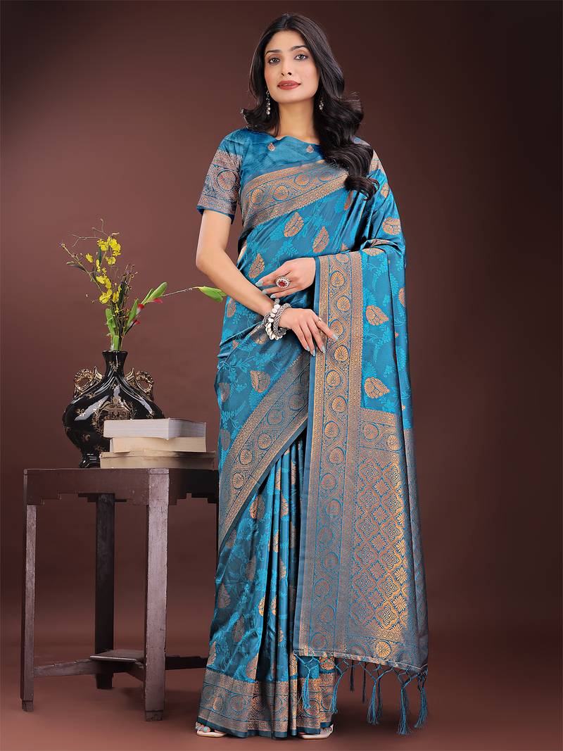 teal color woven art silk saree with blouse